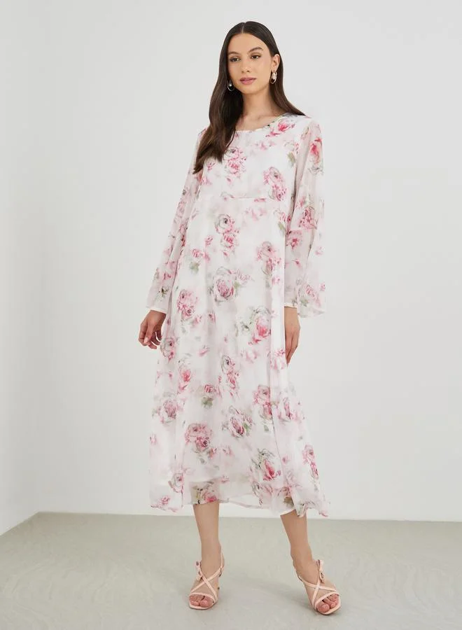 تايك تو Take Two Open Front Kimono with Floral Print Maxi Dress Set
