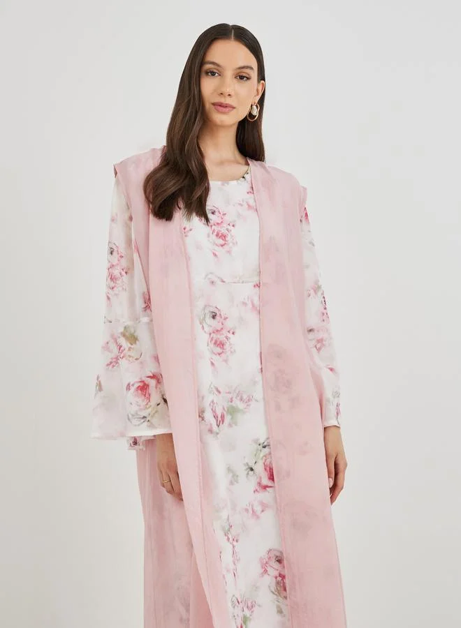 تايك تو Take Two Open Front Kimono with Floral Print Maxi Dress Set