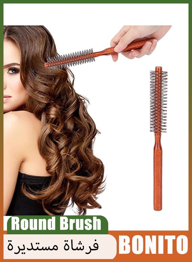 BONITO Round Brush for Short Hair, Round Styling Hair Brush Curling Roller Hairbrush Small Wood Brush, Unisex Round Wooden Hair Styling Tool Curling Hair Brush for Blow Drying Home Use - Image 1