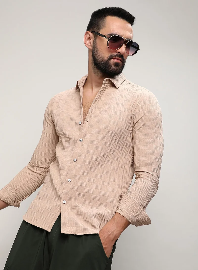 Campus Sutra Campus Sutra Men's Beige Self-Design Intertwine Shirt For Casual Wear | Spread Collar | Long Sleeve | Button Closure | Shirt Crafted With Comfort Fit For Everyday Wear