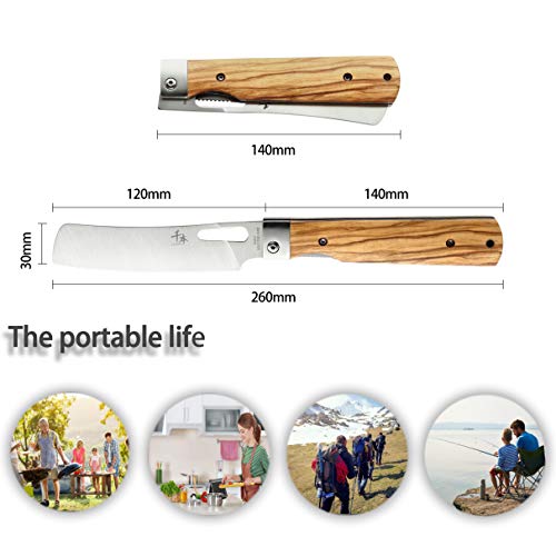 SENBON 440A stainless steel Ultra sharp pocket foldable Japanese Chef's knife peeling utility knife Natural Olive Handle Camping trip Outdoor Portable kitchen knife - Image 2