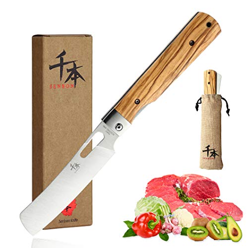 SENBON 440A stainless steel Ultra sharp pocket foldable Japanese Chef's knife peeling utility knife Natural Olive Handle Camping trip Outdoor Portable kitchen knife - Image 1