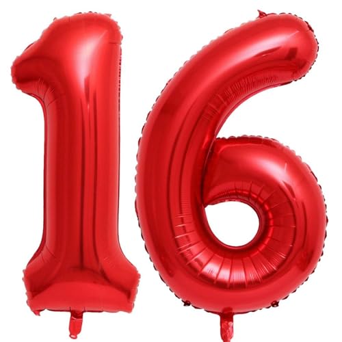 Lovoir بالونات رقم 16 حمراء 40 بوصة بالونات رقم 16 عملاقة من الفويل مايلار بالونات هليوم حمراء لاحتفالات عيد الميلاد السادس عشر لوازم الحفلات والذكرى والاحتفالات والتزيين - Image 1