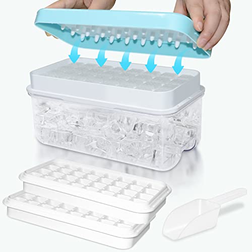 Techshare Ice Cube Tray FoodGrade Ice Cube Moulds with Lid Release All Ice Cubes in One Second BPAFree 64 Ice Cube Tray Blue