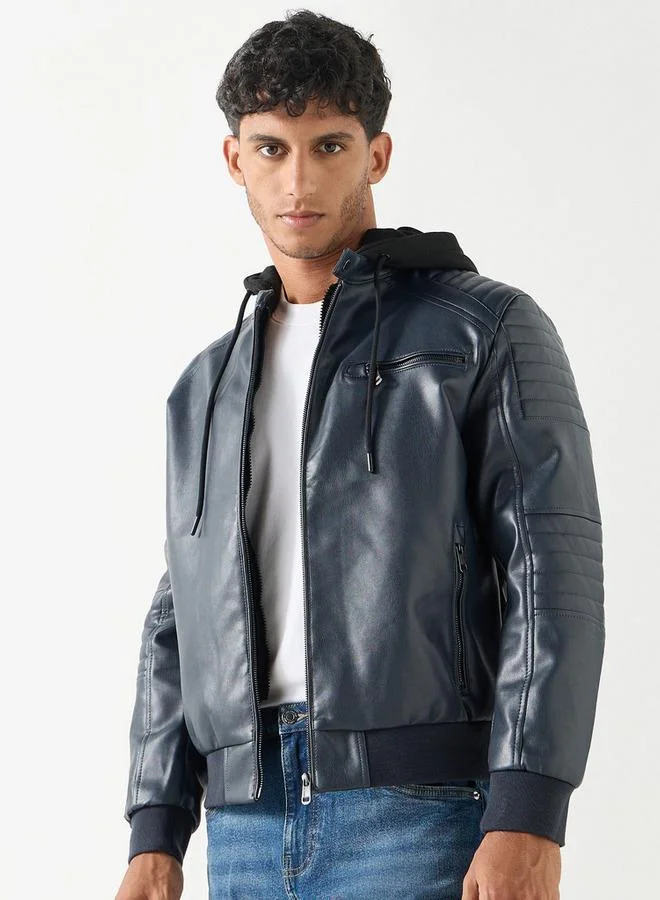 Lee Cooper Solid Zip Through Biker Jacket with Hood and Pockets