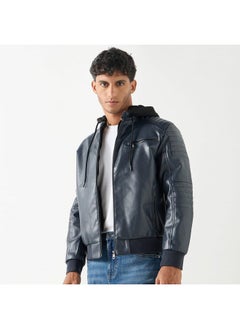Lee Cooper Lee Cooper Solid Zip Through Biker Jacket with Hood and Pockets  - Image 1