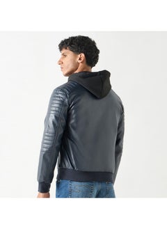 Lee Cooper Lee Cooper Solid Zip Through Biker Jacket with Hood and Pockets  - Image 3