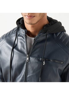 Lee Cooper Lee Cooper Solid Zip Through Biker Jacket with Hood and Pockets  - Image 4
