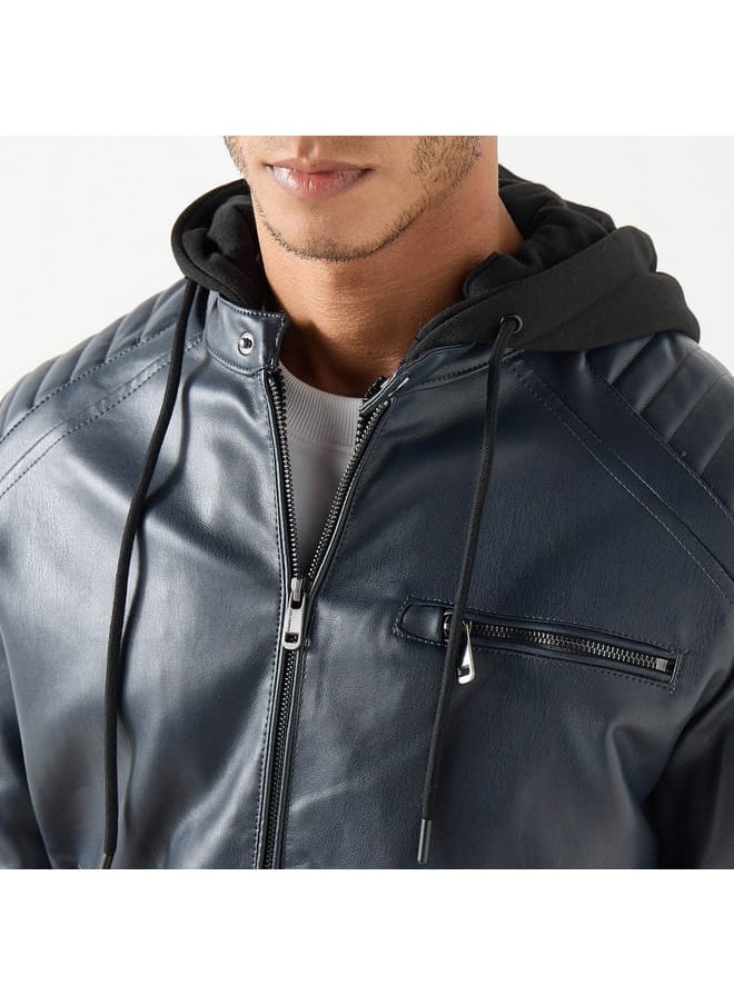 Lee Cooper Lee Cooper Solid Zip Through Biker Jacket with Hood and Pockets  - Image 4