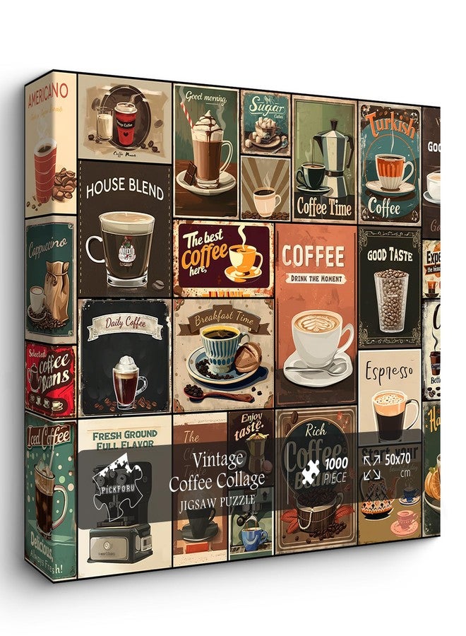 PICKFORU Vintage Coffee Collage Puzzles for Adults 1000 Pieces, PICKFORU Breakfast Food Jigsaw Puzzle Coffee Latte, Hard Difficult Retro Poster Theme for Home Wall Decor - Image 1