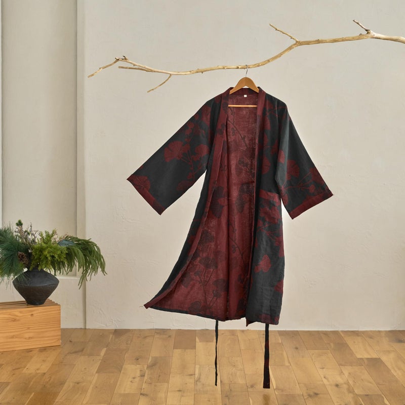 Purefair 100% Cotton Gauze Ginkgo Leaf Kimono Robe, Long Knit Loose Bathrobe Nightgown Ladies Loungewear Sleepwear for Women - Image 2