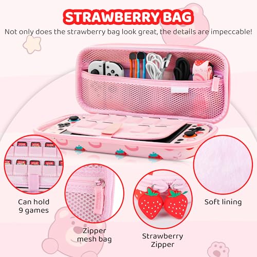 RHOTALL Pink Strawberry Carrying Case for Nintendo Switch 2,Cute Protective Hard Portable Travel Carry Case with 9 Game Card Slots,Shell Cover for Switch 2,Screen Protector,Shoulder Strap,2 Thumb Cap - Image 2