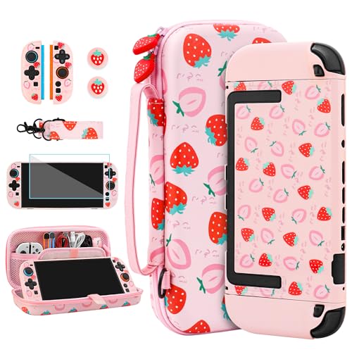 RHOTALL Pink Strawberry Carrying Case for Nintendo Switch 2,Cute Protective Hard Portable Travel Carry Case with 9 Game Card Slots,Shell Cover for Switch 2,Screen Protector,Shoulder Strap,2 Thumb Cap - Image 1