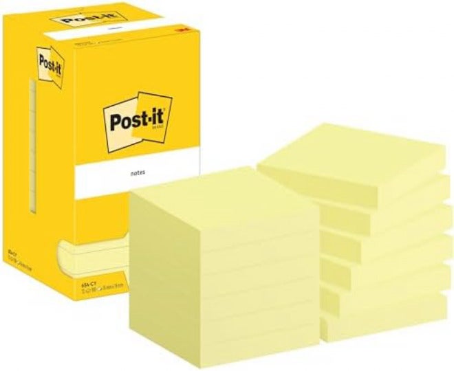 بوست-إت ملاحظات Post-it باللون الأصفر الكناري، عبوة من 12 كتلة، 100 ورقة لكل كتلة، 76 مم × 76 مم، لون أصفر - ملاحظات ذاتية اللصق لتدوين الملاحظات، قوائم المهام والتذكيرات - Image 1