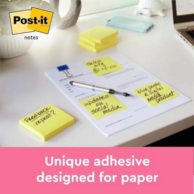 بوست-إت ملاحظات Post-it باللون الأصفر الكناري، عبوة من 12 كتلة، 100 ورقة لكل كتلة، 76 مم × 76 مم، لون أصفر - ملاحظات ذاتية اللصق لتدوين الملاحظات، قوائم المهام والتذكيرات - Image 3