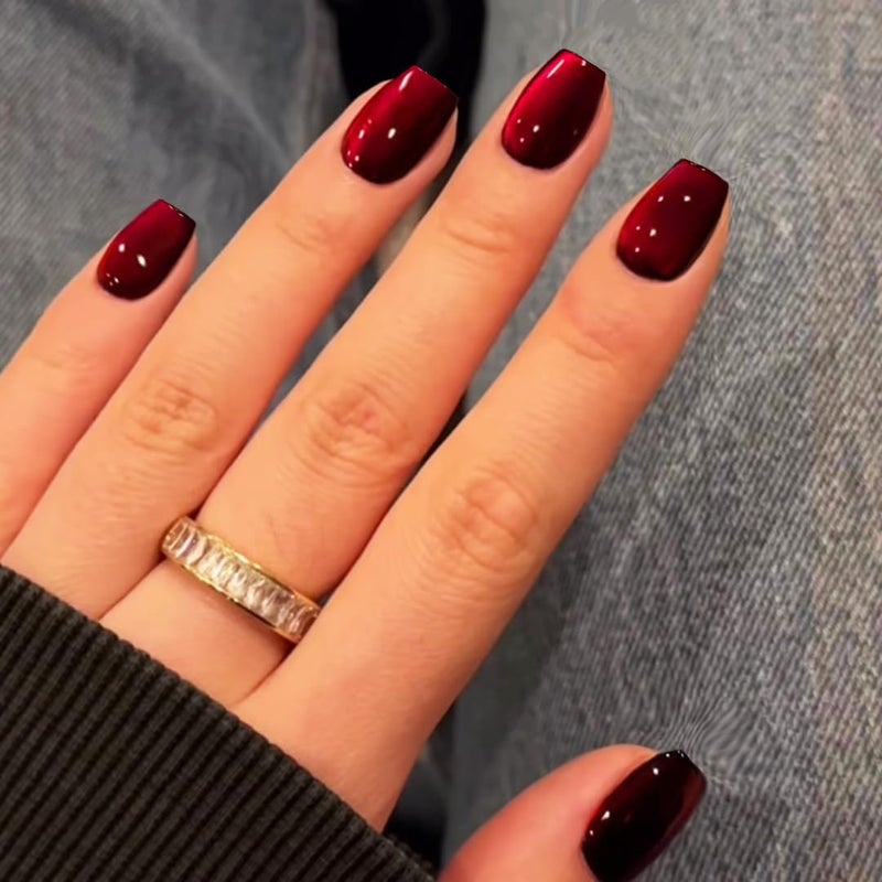 KQueenest Cat Eye Dark Red Press on Nails Short, 30 Pcs Press on Nails Square, Sparkly Chrome Black Fake Nails Press on Short, Reusable Soft Gel Glue on Nails for Women Birthday Party Manicure Gift - Image 2
