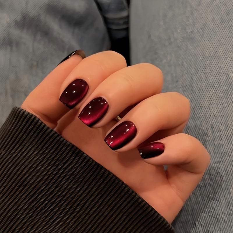 KQueenest Cat Eye Dark Red Press on Nails Short, 30 Pcs Press on Nails Square, Sparkly Chrome Black Fake Nails Press on Short, Reusable Soft Gel Glue on Nails for Women Birthday Party Manicure Gift - Image 1