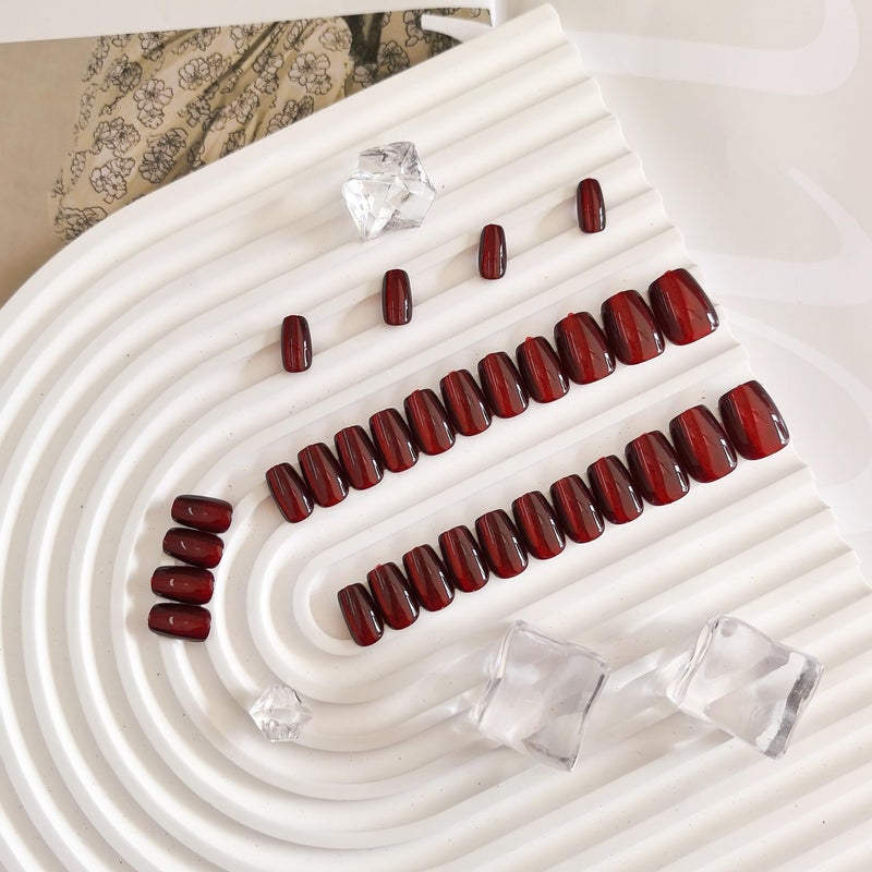 KQueenest Cat Eye Dark Red Press on Nails Short, 30 Pcs Press on Nails Square, Sparkly Chrome Black Fake Nails Press on Short, Reusable Soft Gel Glue on Nails for Women Birthday Party Manicure Gift - Image 3