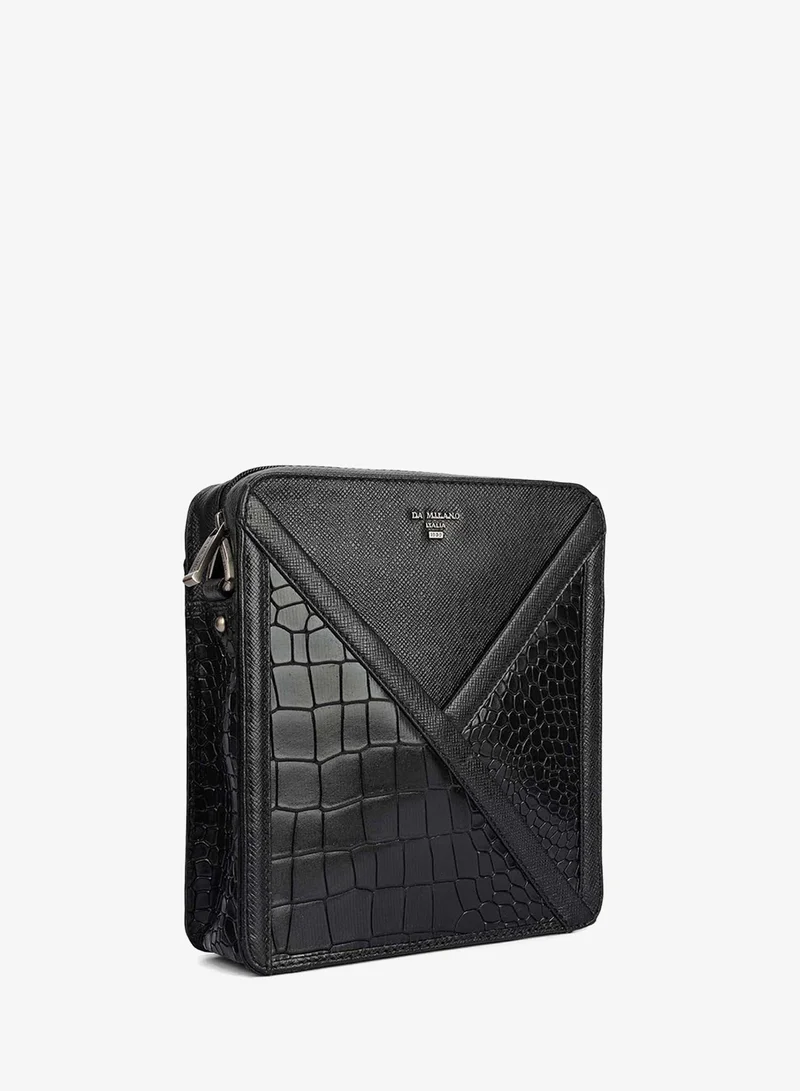 Da Milano black Da Milano Men's Croco-Embossed Leather Crossbody Handbag with Zip Closure - Black (SB-10044A) for Men | Best Price UAE