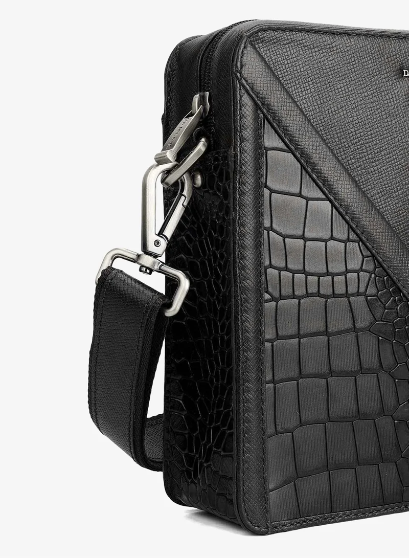 Da Milano black Da Milano Men's Croco-Embossed Leather Crossbody Handbag with Zip Closure - Black (SB-10044A) for Men | Best Price UAE