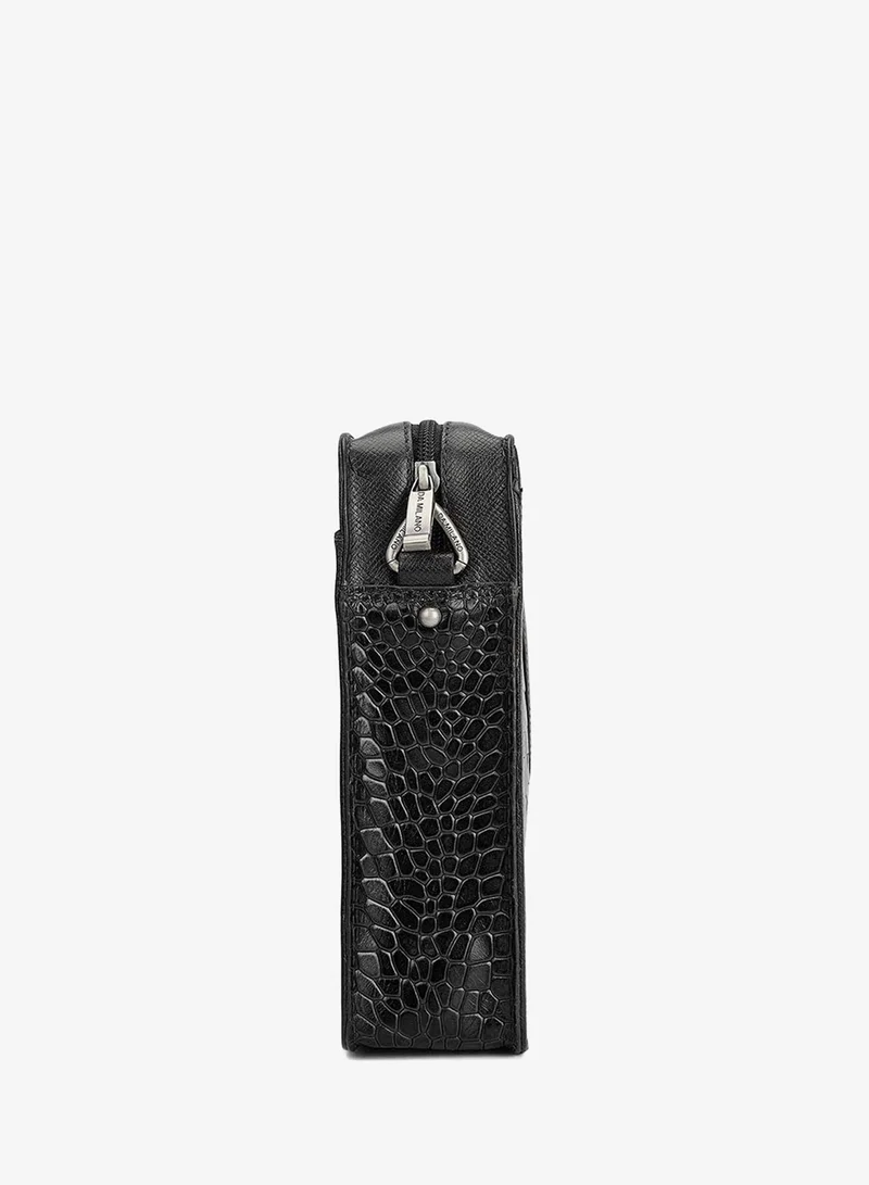 Da Milano black Da Milano Men's Croco-Embossed Leather Crossbody Handbag with Zip Closure - Black (SB-10044A) for Men | Best Price UAE