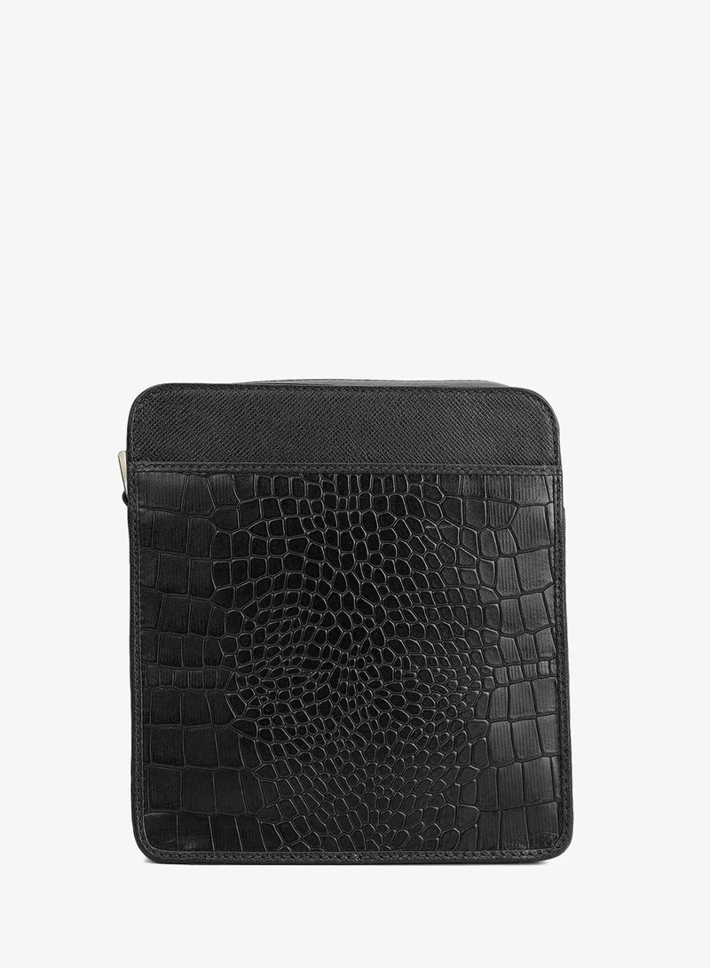 Da Milano black Da Milano Men's Croco-Embossed Leather Crossbody Handbag with Zip Closure - Black (SB-10044A) for Men | Best Price UAE