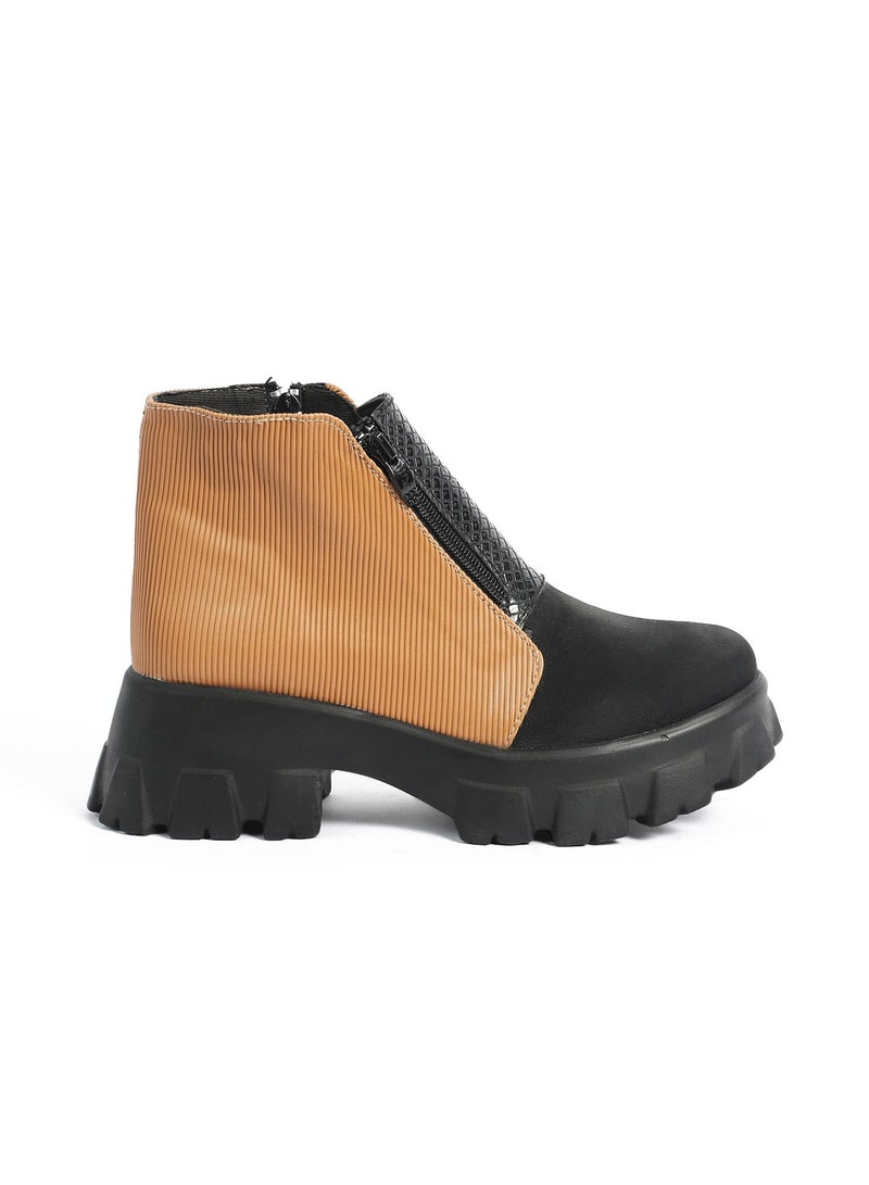 Zahwa Half Boot Satain Fabrice Texture Leather Match Matt Leather And Animal Print Snake Texture Douple Zipper - Image 1