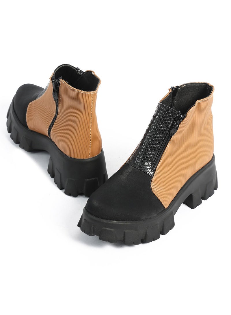 Zahwa Half Boot Satain Fabrice Texture Leather Match Matt Leather And Animal Print Snake Texture Douple Zipper - Image 3