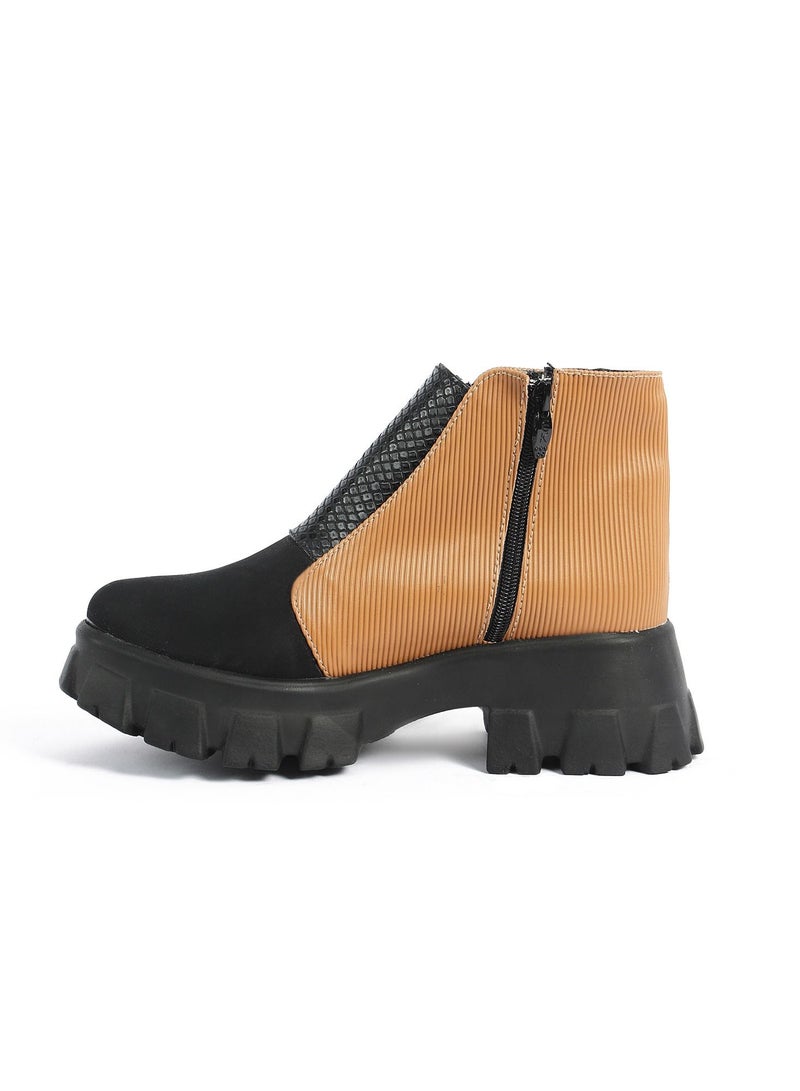 Zahwa Half Boot Satain Fabrice Texture Leather Match Matt Leather And Animal Print Snake Texture Douple Zipper - Image 2