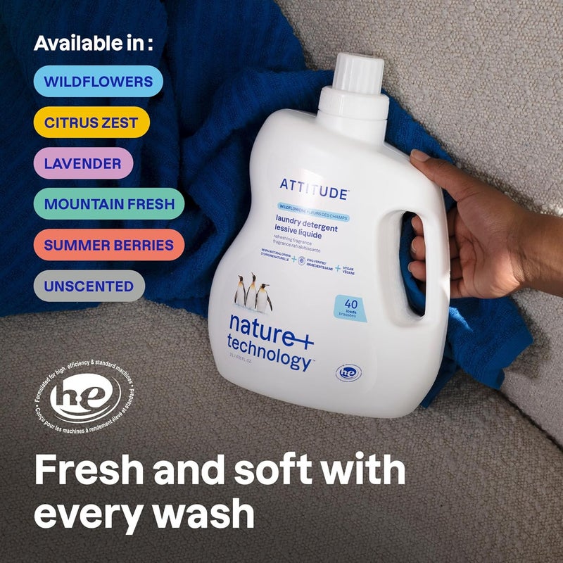 ATTITUDE Laundry Detergent, Plant and Mineral-Based Ingredients, HE, Vegan and Cruelty-Free Laundry Products, Wildflowers, 40 Loads, 2 Liters - Image 2