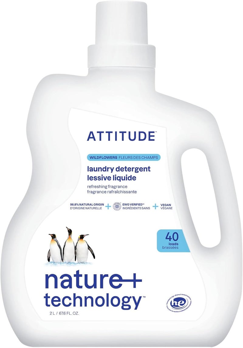 ATTITUDE Laundry Detergent, Plant and Mineral-Based Ingredients, HE, Vegan and Cruelty-Free Laundry Products, Wildflowers, 40 Loads, 2 Liters - Image 1