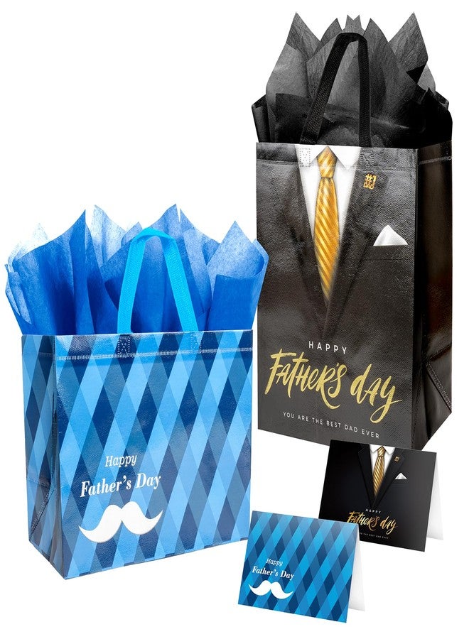 Linelglobal Father Day Gift Bag with Tissue Paper 12.6" Reusable Happy Dad Day Gift Bag for Daddy 2 Pack Black Blue - Image 1