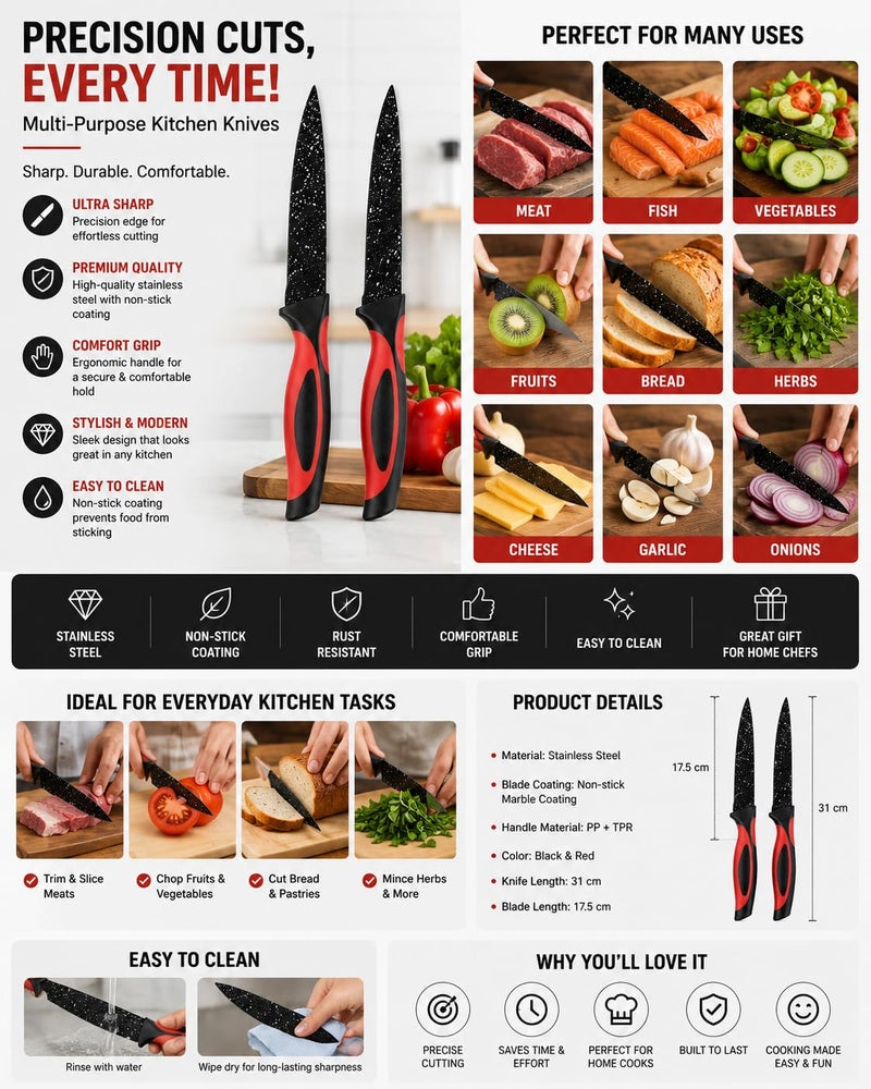 2-Piece Non-Stick Kitchen Utility Knife Set, Stainless Steel Speckled Coated Blades with Ergonomic Soft-Grip Handles, Multipurpose Paring & Fruit Knives for Fruits, Vegetables and Everyday Food Prep