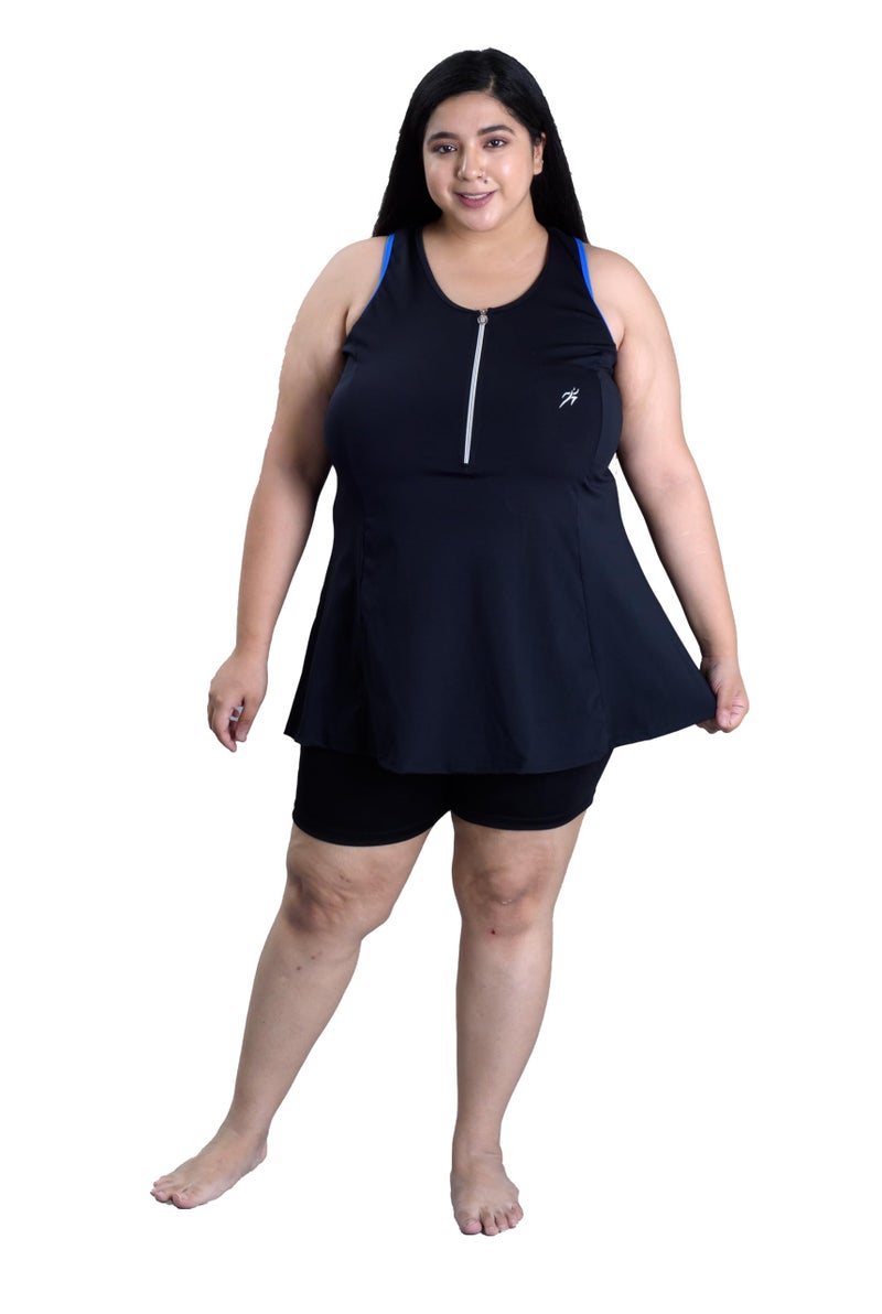 Keepfit Women's Racerback Two Piece Sleeveless Plus Size Padded Swimsuit with Front Zipper top and Boyshorts Black |Swimming Suit for Women - Image 1