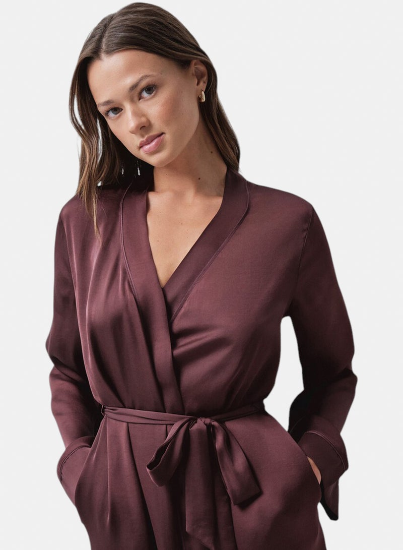 women'secret Long satin robe with maroon belt - Image 1