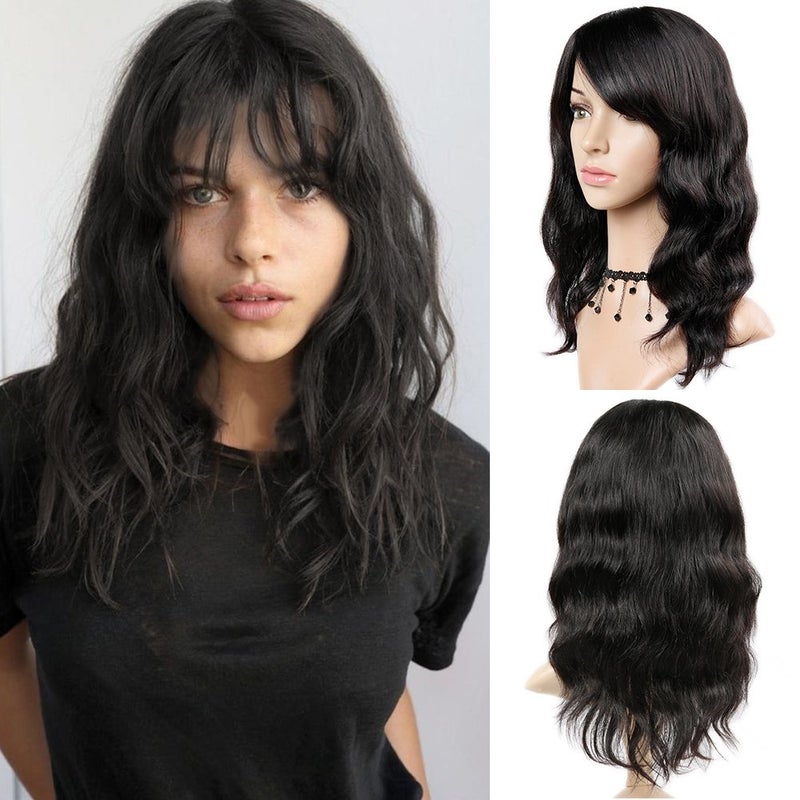 WIGNEE 100 Virgin Human Hair Natural Wave Wigs with Bangs Brazilian Human Hair Wave Wigs Natural Black Color 16 Inch