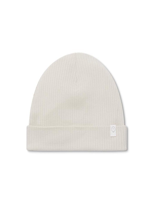 MORI Baby Unisex Stretchy Hat in Ribbed Ecru for Boys and Girls - Warm Roll Up Beanie - Soft Organic Headwear - 3-6 Months - Image 1