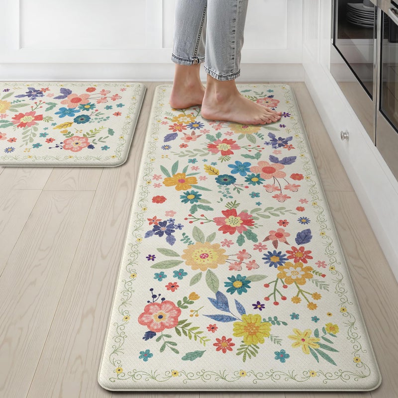 GENIMO Kitchen Mats for Floor 2PCS, Cushioned Kitchen Rugs Non Slip Washable, Anti Fatigue Mat Waterproof, Comfort Standing Mat Rug for Office, Home, Sink, Laundry, 17.3"x47"+17.3"x30", SoftWhite - Image 1