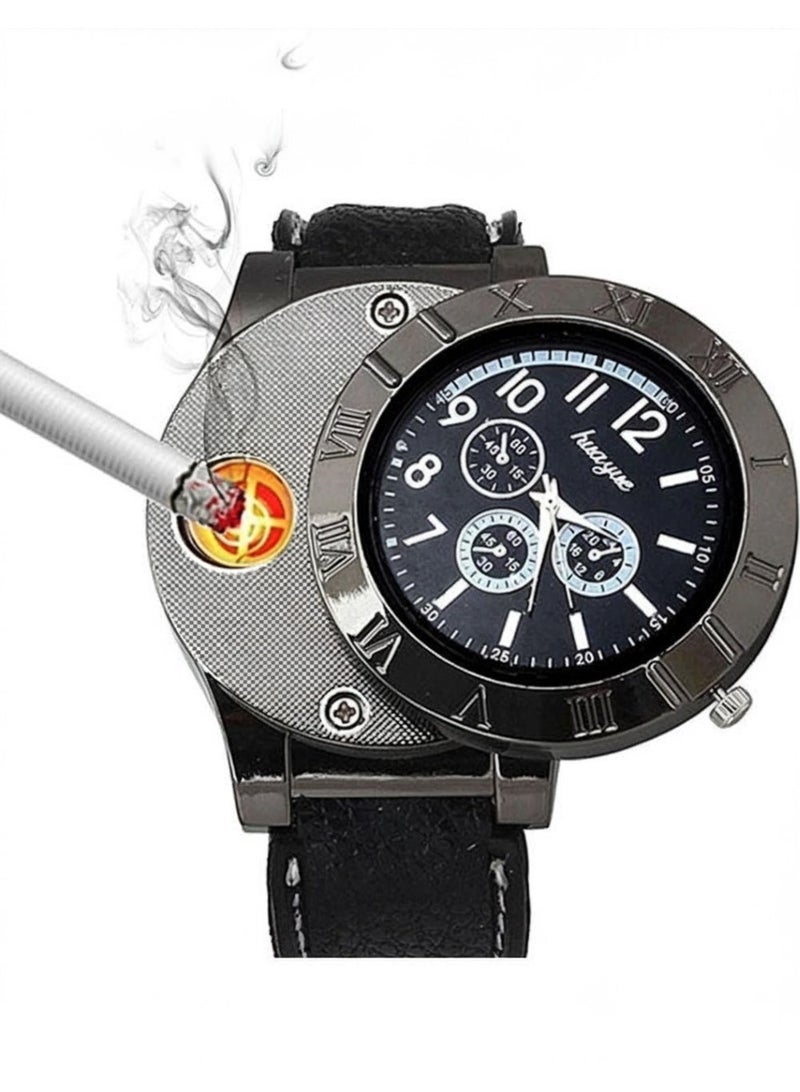 2-in-1 Electronic Cigarette Lighter Watch, USB Rechargeable Flameless Sporty Quartz Wristwatch for Men (Black) - Image 3