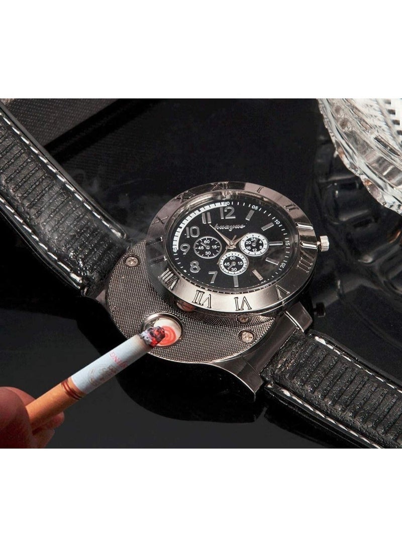 2-in-1 Electronic Cigarette Lighter Watch, USB Rechargeable Flameless Sporty Quartz Wristwatch for Men (Black) - Image 2
