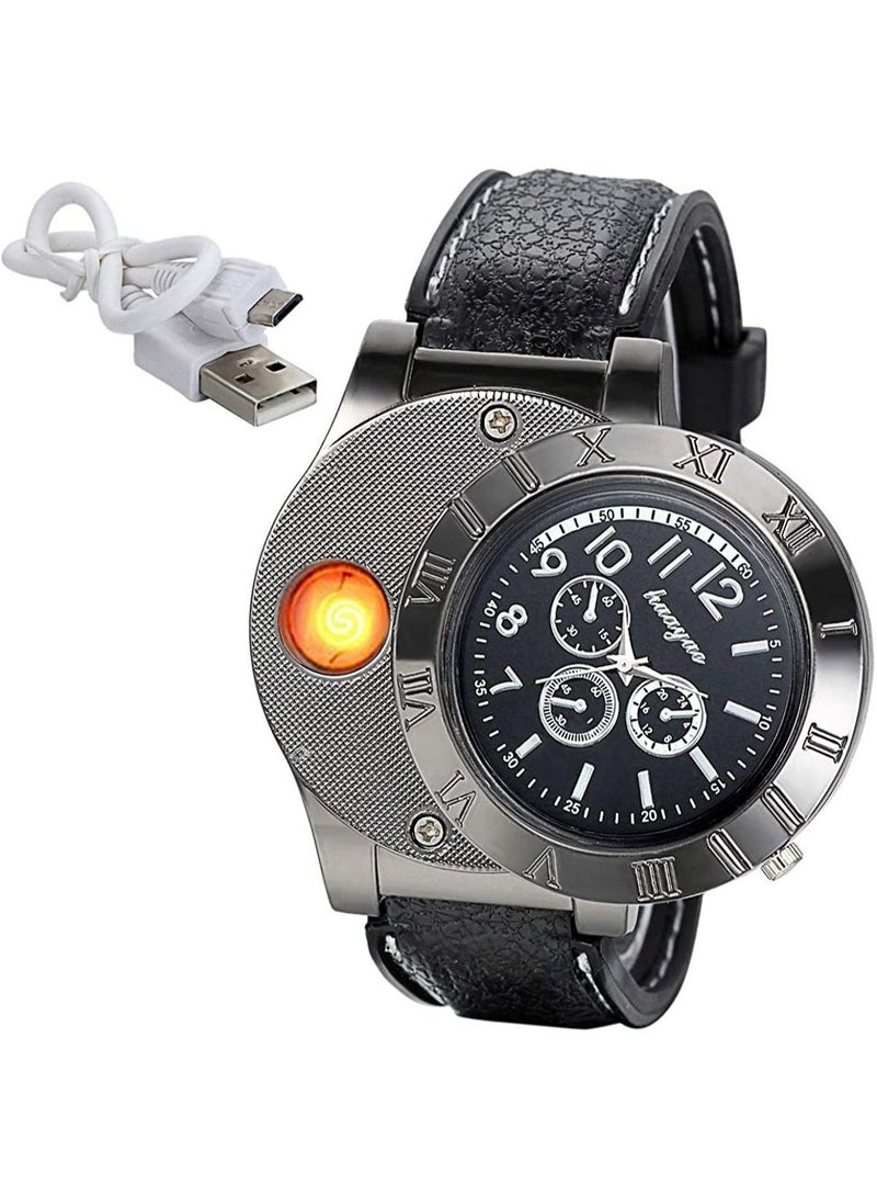2-in-1 Electronic Cigarette Lighter Watch, USB Rechargeable Flameless Sporty Quartz Wristwatch for Men (Black) - Image 1