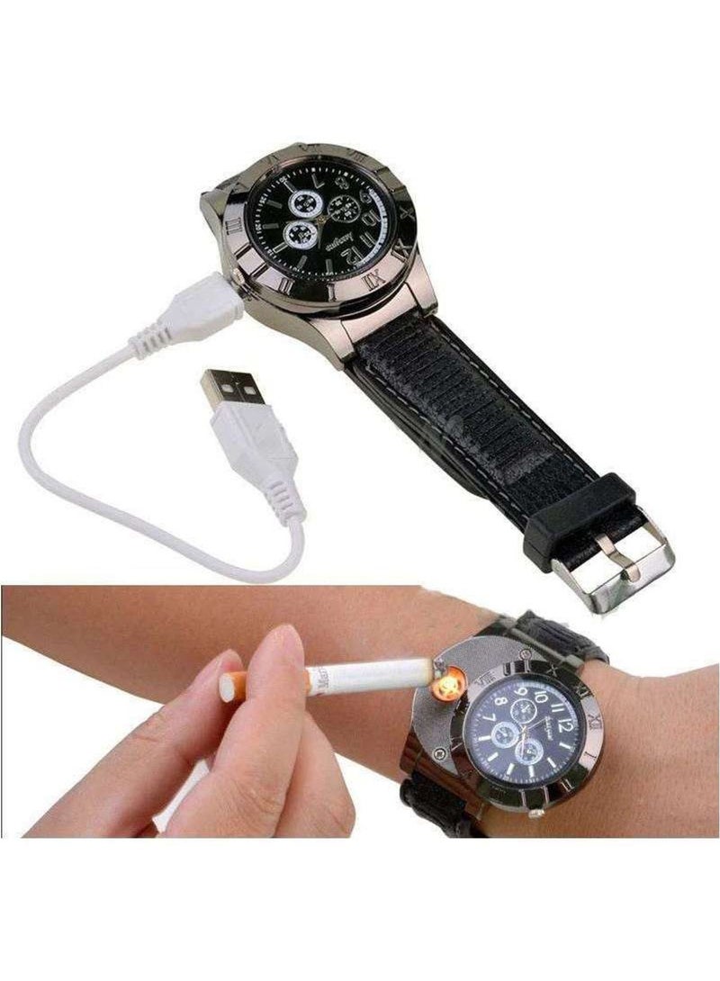 2-in-1 Electronic Cigarette Lighter Watch, USB Rechargeable Flameless Sporty Quartz Wristwatch for Men (Black) - Image 5