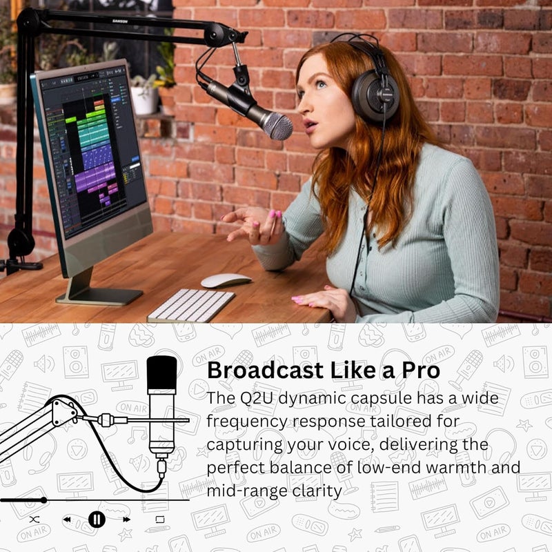 Samson Q2U Black Handheld Dynamic USB Microphone Bundle with Pop Filter and Closed Back Over-Ear Headphones (3 Items) - Image 3