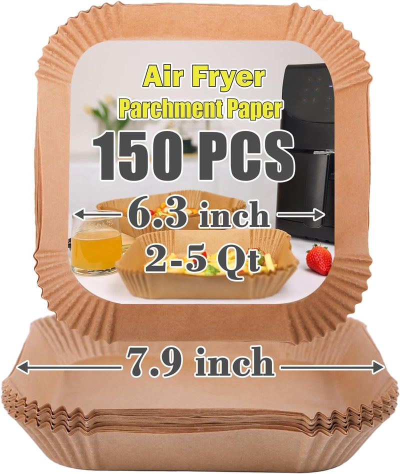 GOAUS Air Fryer 100pcs Square Paper Liners Disposable for 2 to 5 Qt Basket, 6.3 inch Unbleached Non-stick Oil-proof Parchment Paper - Image 1