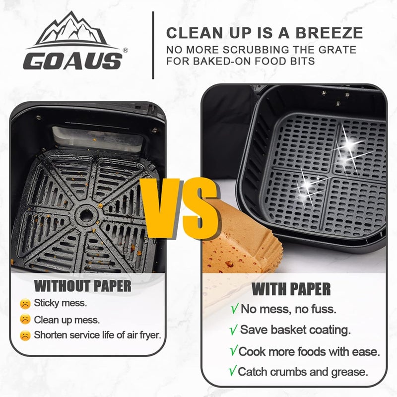 GOAUS Air Fryer 100pcs Square Paper Liners Disposable for 2 to 5 Qt Basket, 6.3 inch Unbleached Non-stick Oil-proof Parchment Paper - Image 4