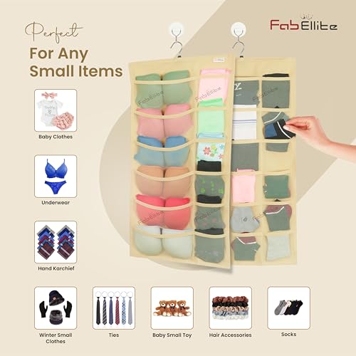 FAB ELLITE Double Sided Hanging Organizer with 30 Clear Pockets | Wall Hanging Closet Storage for Socks Bra Underwear & Accessories Shelves Storage | Space-Saving Hanger Design (Ivory, Pack of 1) - Image 5