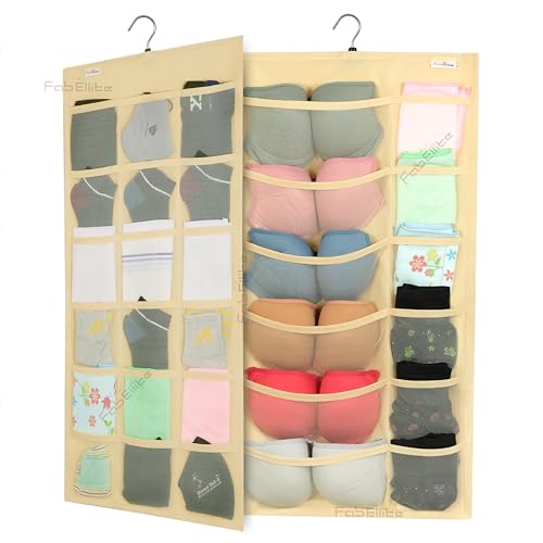 FAB ELLITE Double Sided Hanging Organizer with 30 Clear Pockets | Wall Hanging Closet Storage for Socks Bra Underwear & Accessories Shelves Storage | Space-Saving Hanger Design (Ivory, Pack of 1) - Image 1