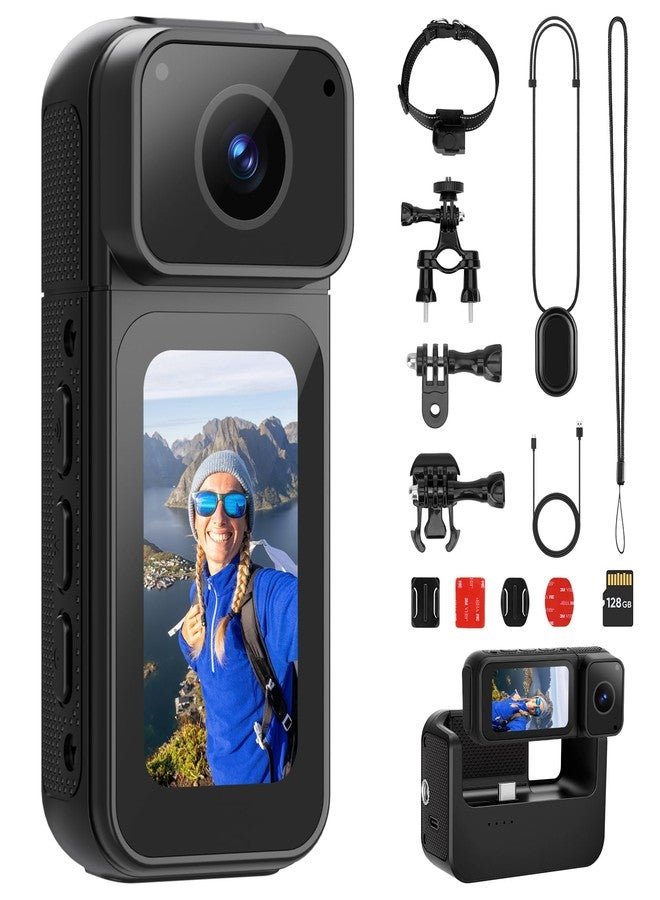 Mypin Mini Body Camera 128G with 1.47inch LCD Screen, 2.7K Thumb Size Action Body Cam with Audio&Video Thumb Hands Free POV Recording, Mount Free, Magnetic Sport DV for Bike Cycling Vlogging Pet Walk Swim - Image 1