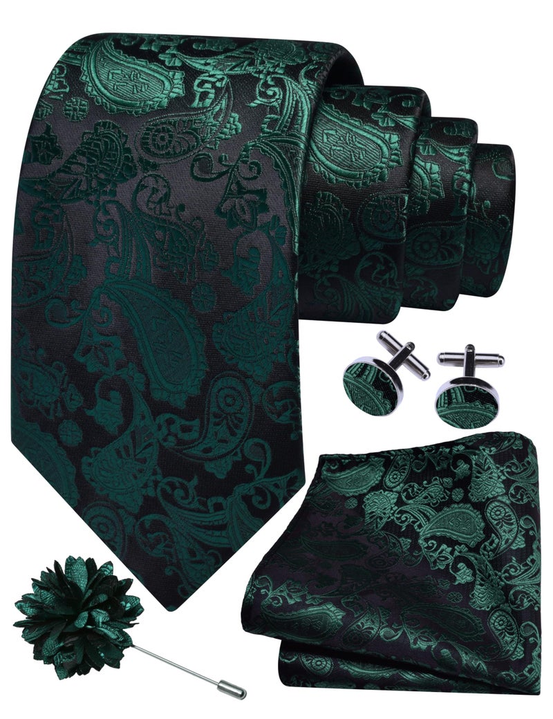 GUSLESON Dark Green Mens Paisley Wedding Necktie Pocket Square Cufflinks and Lapel Pin Brooch Set (IN6105-33) - Image 1