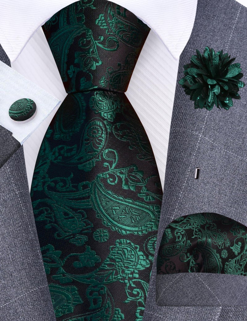 GUSLESON Dark Green Mens Paisley Wedding Necktie Pocket Square Cufflinks and Lapel Pin Brooch Set (IN6105-33) - Image 2